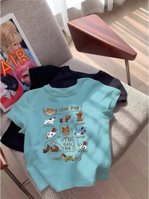 ネイビーブルーの純綿半袖Tシャツ女性用2025インターネットセレブ人気アメリカンプリントトップス右肩ラウンドネックホットガールシャツ|undefined