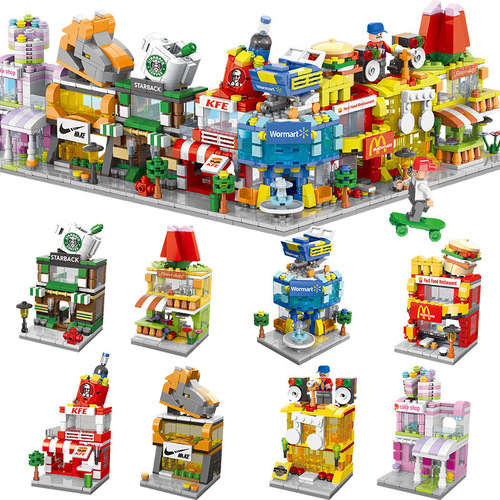 Lele Brothers Children's Assembled City Mini Street Scene Small Particle Enlightenment Assembled Snack Food Street Building Blocks Gift