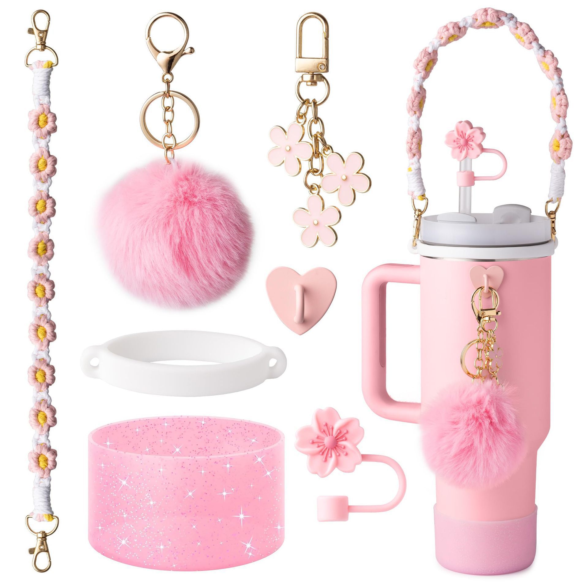 Nuevos productos Stanley taza de agua de mano cadena de taza de flores colgante de amor Begonia gorra de paja bola de peluche llavero