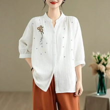 大码棉麻文艺复古刺绣衬衫女2025夏季新款中袖宽松刺绣大码衬衣女