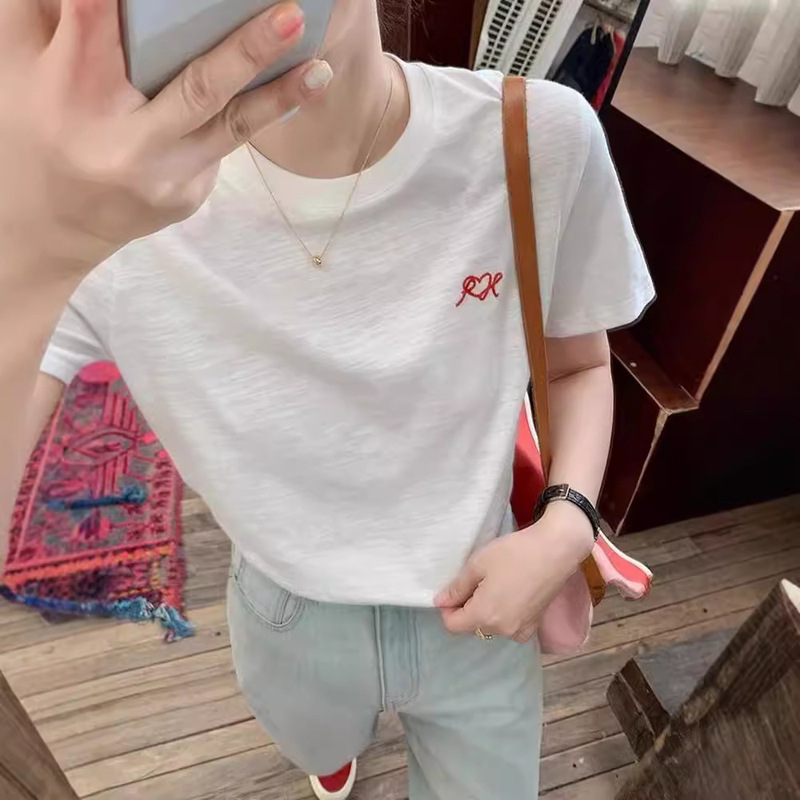 Summer Cool Breathable Slub Cotton T-shirt Simple Age-reducing All-match Exquisite Embroidered Loose Slim-fit Short-sleeved Women's Top