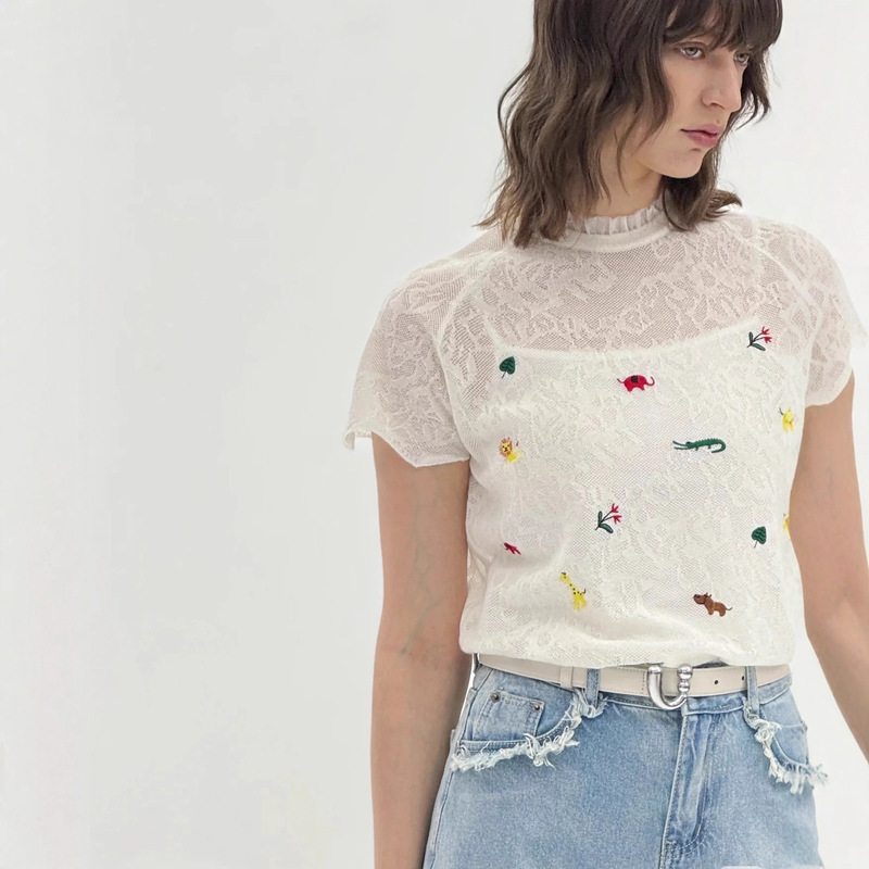 Hong Kong and American Apparel/2026 Autumn New Women's Cartoon Thin Wool Short-Sleeve Organza Knitted Sweater for Women