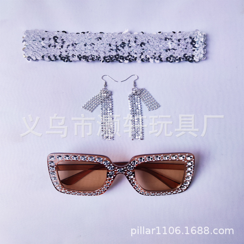 70s discoteca accesorios lentejuelas Diadema con diamantes gafas pendientes diamante bufanda diamante pulsera 5 unidades traje