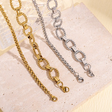 欧美风潮流简约嘻哈不锈钢椭圆形扭线麻花耳钉手链锁骨链首饰套装