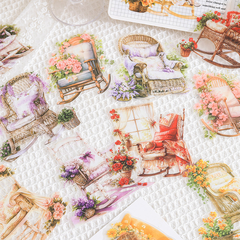 Silla de meditación de aire caliente niebla superficie impermeable pet pegatinas diy diario pegatinas retro mecedora pegatinas pastorales bolsa