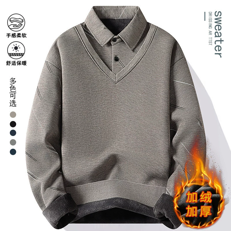 2024 осень и зима новый мужской модный тренд поддельные два трикотажные рубашки с воротником мужской свитер футболка