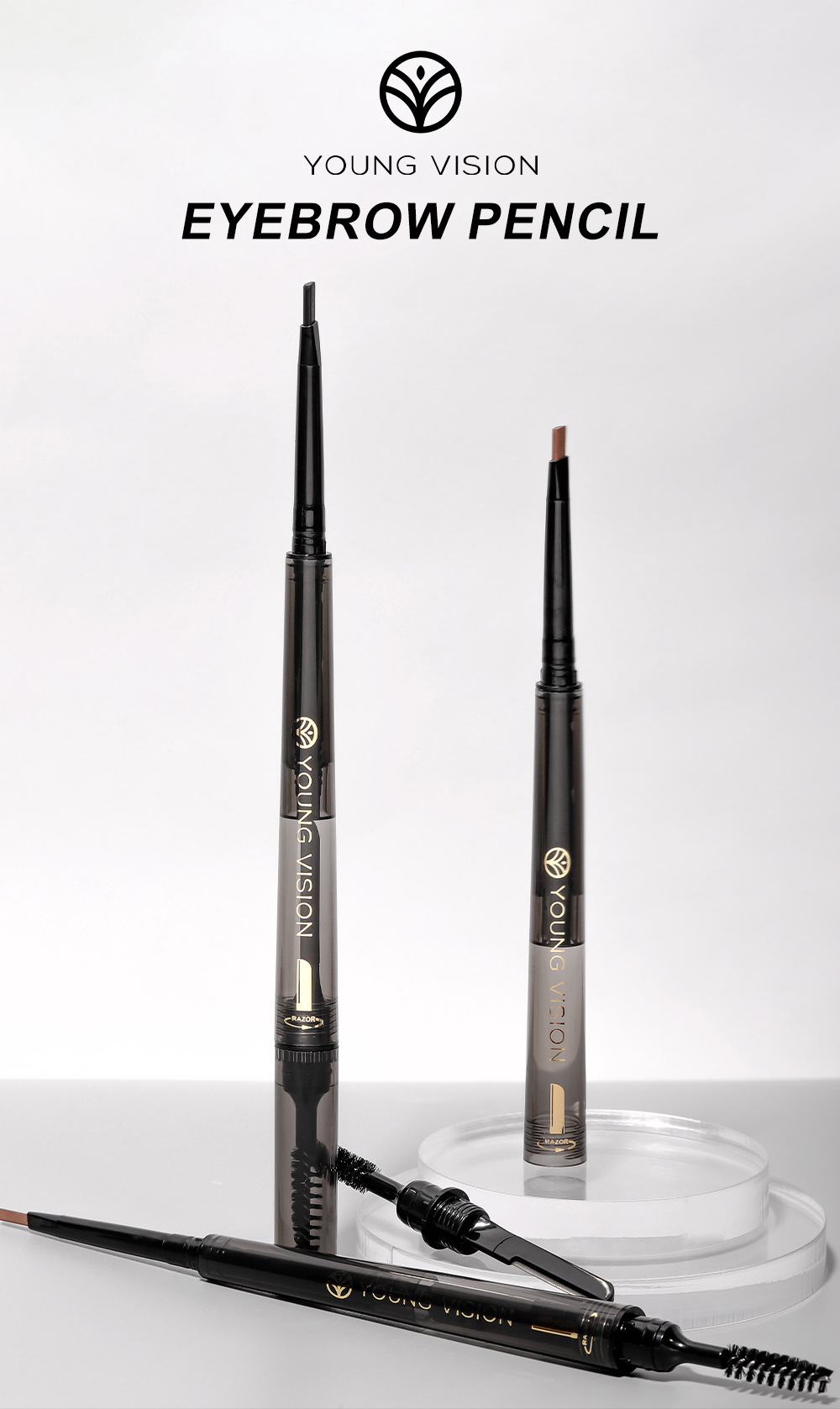 YOUNG VISION's foggy three-in-one eyebrow pencil is not prone to smudging. It features a fine and soft brush and eyebrow blade Specification drawing