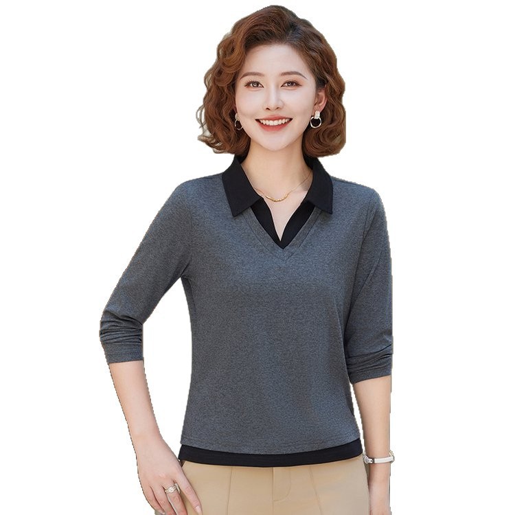 一件代发春秋季新款翻领长袖t恤女打底衫2025百搭显瘦上衣妈妈装|undefined