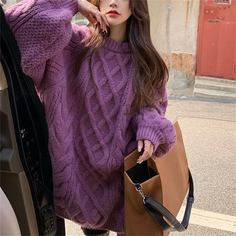 Autumn and Winter New Solid Color Soft Waxy Twist Sweater Women's Retro Loose Thick Twist Pullover Lazy Style Sweater Autumn and Winter New Solid Color Soft Waxy Twist Sweater Women's Retro Loose Thick Twist Pullover Lazy Style Sweater