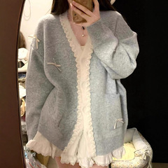 法式宽松温柔风v领蓝色毛衣开衫外套女秋季蝴蝶结蕾丝边针织上衣