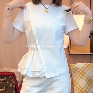 Cotton Asymmetrical Round Neck White Short-Sleeved T-Shirt for Women Plus Size Fat mm Summer Slimming Look Chic Unique Beautiful Top