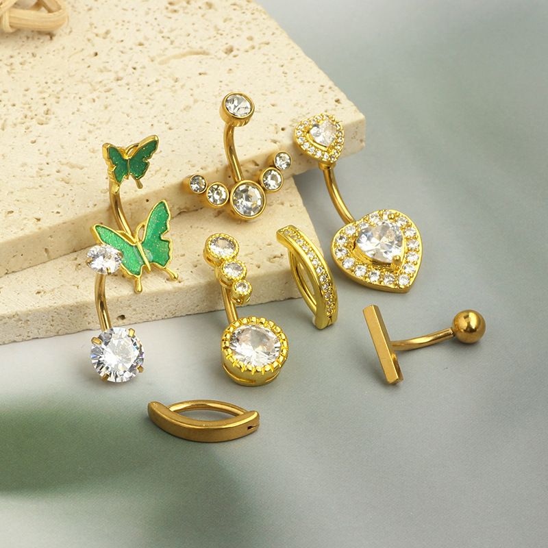 8-Piece Rose Gold CZ Navel Ring Set Stainless Steel Body Piercing Jewelry Navel Belly Button Rings detail image 9