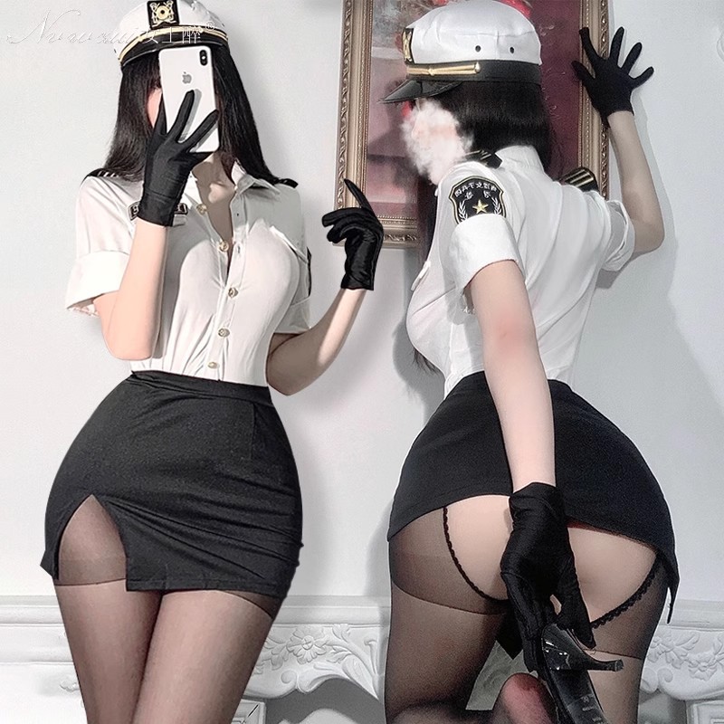 Sexy Lingerie Female Black Silk Stewardess Clothes Uniform Temptation Hip Skirt Police Uniform Role Play Suit Dropshipping