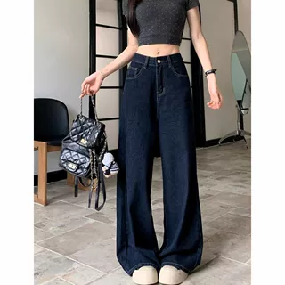 深蓝色高腰显瘦牛仔裤女早秋季新款美式宽松阔腿直筒裤拖地长裤子