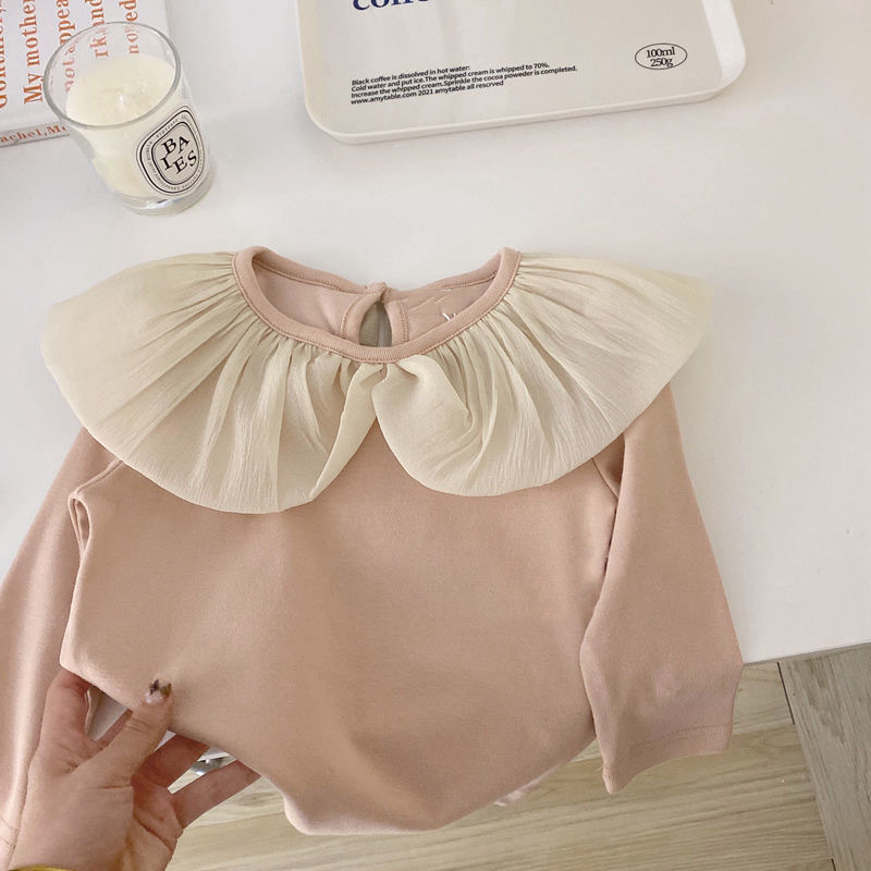 韓国風春秋女児服Tシャツベビーファッショナブルな大きなラペル子供用蓮の葉襟ファッショナブルなネットセレブインスタイルボトリングシャツ|undefined