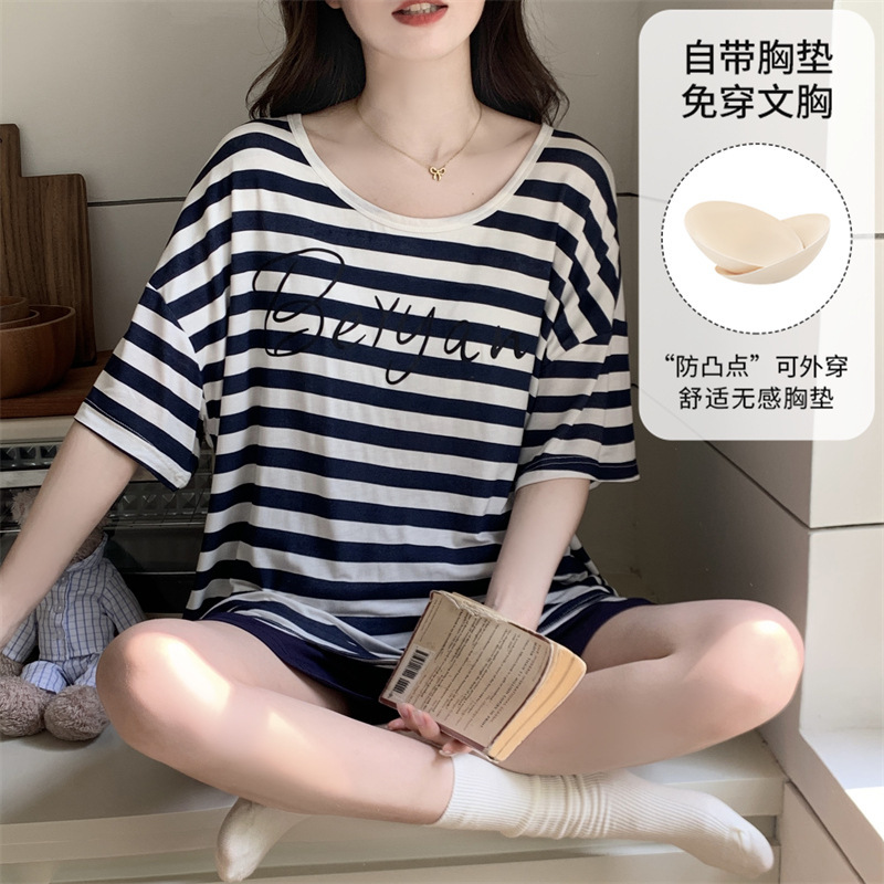 夏季新款带胸垫睡衣女短袖短裤莫代尔凉感卡通可爱家居服套装可爱|undefined