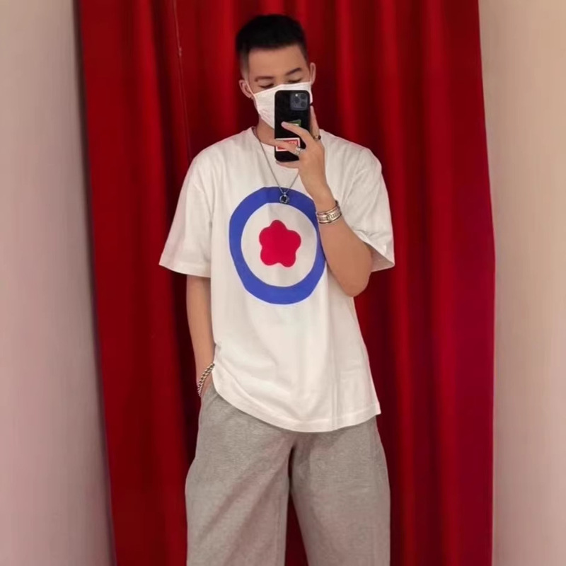 France Paris Kenzo Short-Sleeved T-Shirt Men's 2025 New Summer Round Neck Printed Circle Begonia Flower White Top