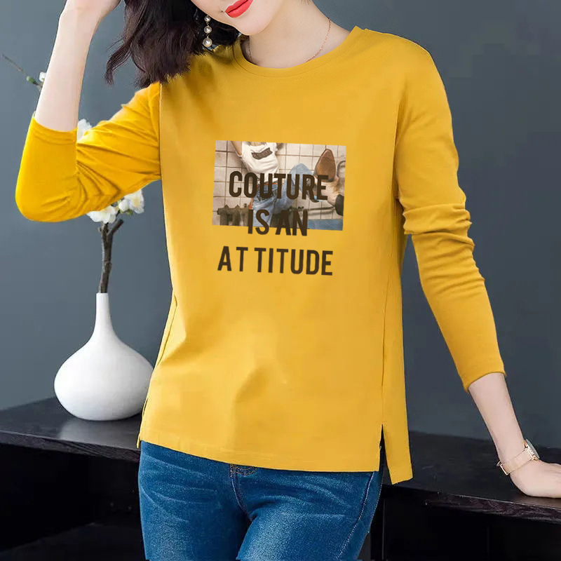 100% cotton long-sleeved T-shirt for women 2024 New Korean style loose plus size round neck autumn T-shirt bottoming shirt autumn clothes