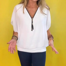 现货跨境女装亚马逊拉链上衣透视透气雪纺衫大码女装宽松休闲短袖