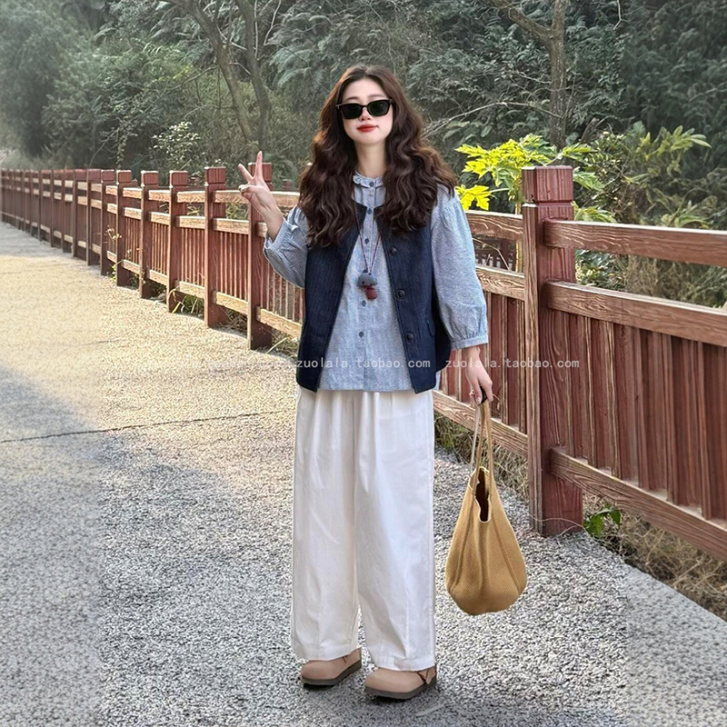 早秋穿搭一整套大码胖mm日系文艺格子衬衫叠穿马甲阔腿裤三件套装|undefined