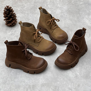 2024 Autumn and Winter New Retro Handmade Genuine Leather Thick-Soled Short Boots Literary Round-Toe Platform Lace-Up Cowhide Boots for Women