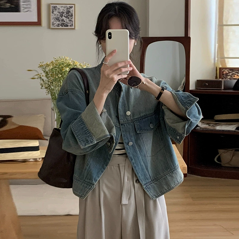 Ретро старый джинсовый пиджак с половинным воротником