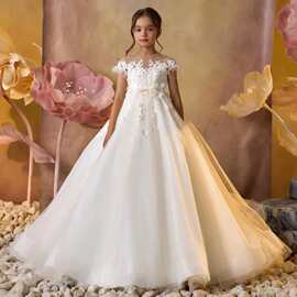 欧美花童婚纱拖尾白色长袖贴画拖尾晚宴聚会演出蓬蓬裙闪亮