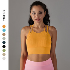 Cross-border new style hollow double-layer beautiful back sports bra breathable running shockproof push-up fitness vest yoga wear for women