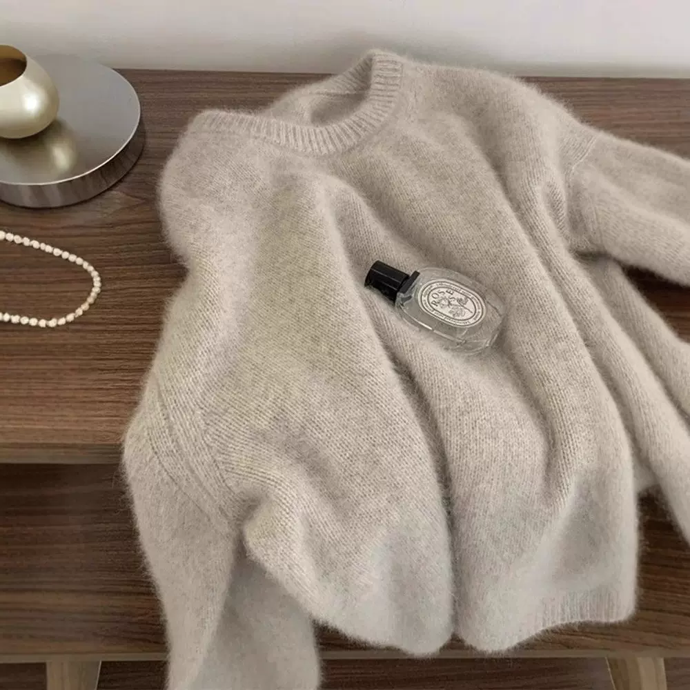 高级感简约圆领毛衣女纯色套头冬季慵懒风奶fufu宽松针织衫上衣女