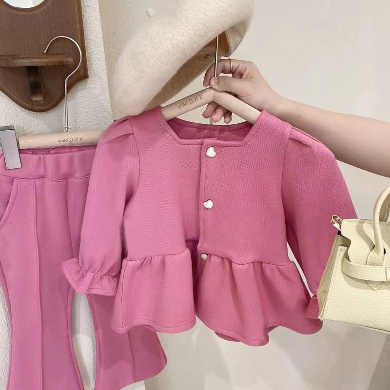 纯色两件套宝宝小香风外套长裤韩版童装女童秋装时髦洋气套装儿童