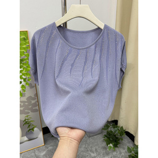 Mom's Summer Fashion Short-Sleeved T-Shirt Women's Ice Silk Bat Shirt about 50 Years Old Middle-Aged and Elderly Women's Summer Tops