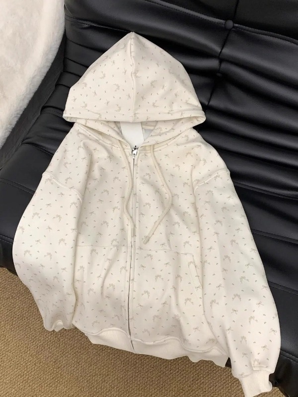 蝴蝶结碎花连帽卫衣外套女春秋2025新款韩系长袖拉链开衫上衣早秋|undefined