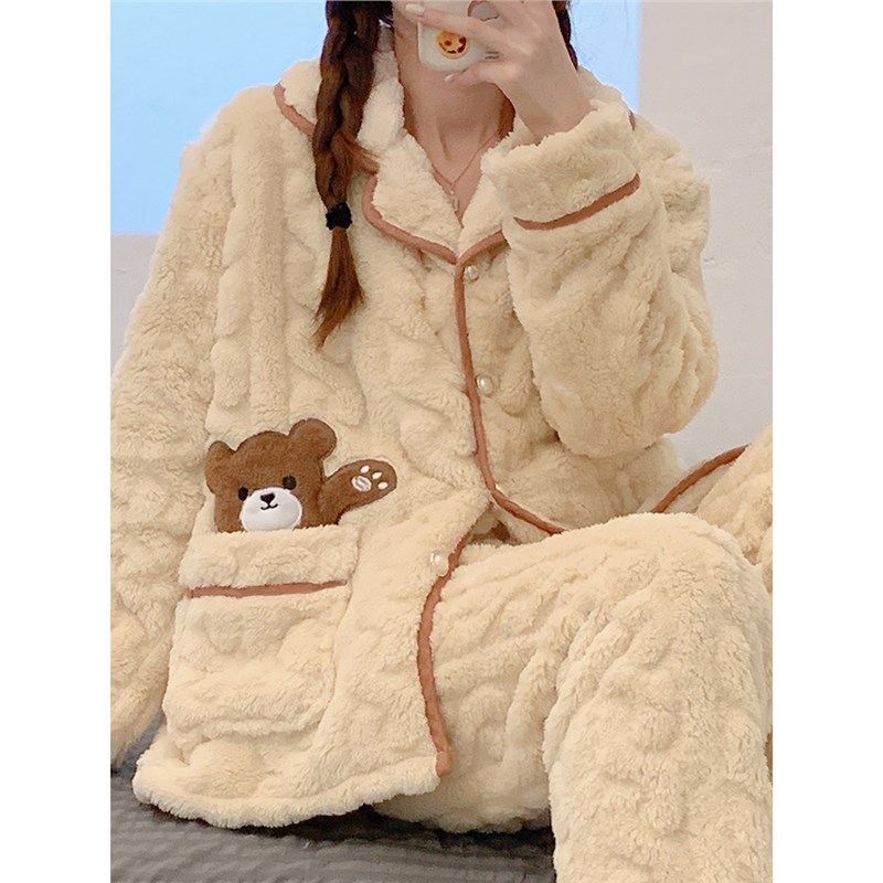 women‘s pajamas winter thicken thermal coral fleece suit 2025 new cartoon autumn and winter flannel home wear
