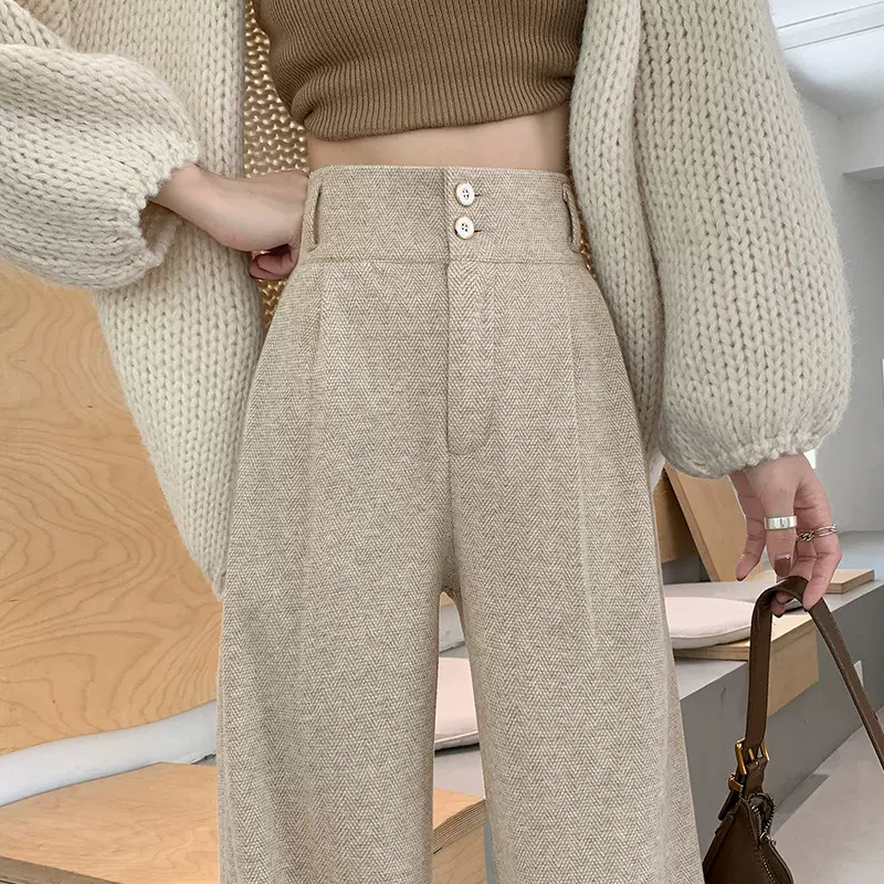 毛呢阔腿裤女2025新款春秋窄版直筒裤垂感高级感加绒休闲西装裤子