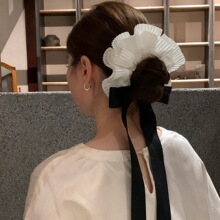 百褶花边超大号大肠发圈女百搭气质飘带蝴蝶结头绳高级感皮筋发饰