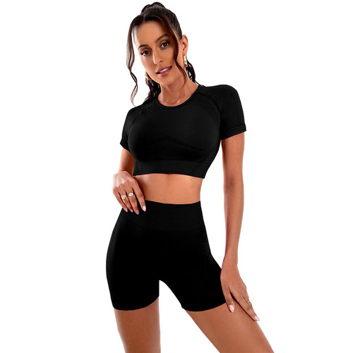 European and American yoga clothing set, high-waisted abdominal control vest, sportswear T-shirt, elastic peach butt tights suit