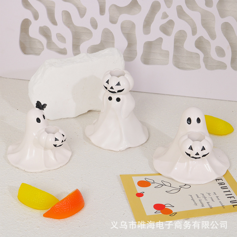 万圣节幽灵造型烛台套装 桌面小摆件创意万圣节白鬼样式工艺品|undefined