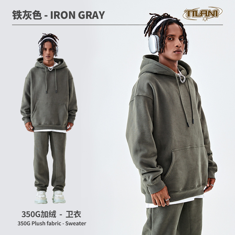 Conjunto deportivo unisex, sudadera con capucha y pantalón, forro polar grueso 350g, moda europea y americana