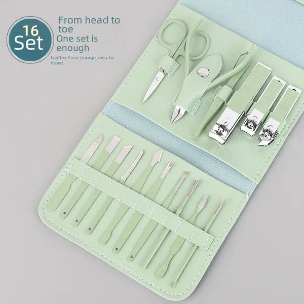 16 piece set Matcha green nail clippers home manicure beauty tongs nail clippers set folding bag beauty nail tools