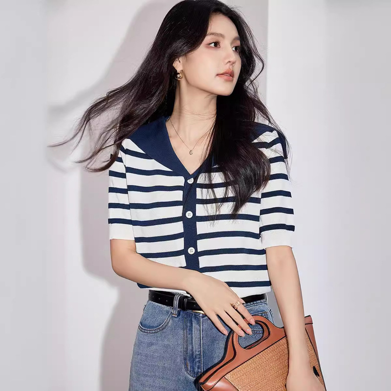Navy Blue Short-Sleeved Striped Ice Silk Knitted Cardigan for Women, Summer 2026 New Style, Navy Collar, Contrasting Colors, Thin and Chic Top