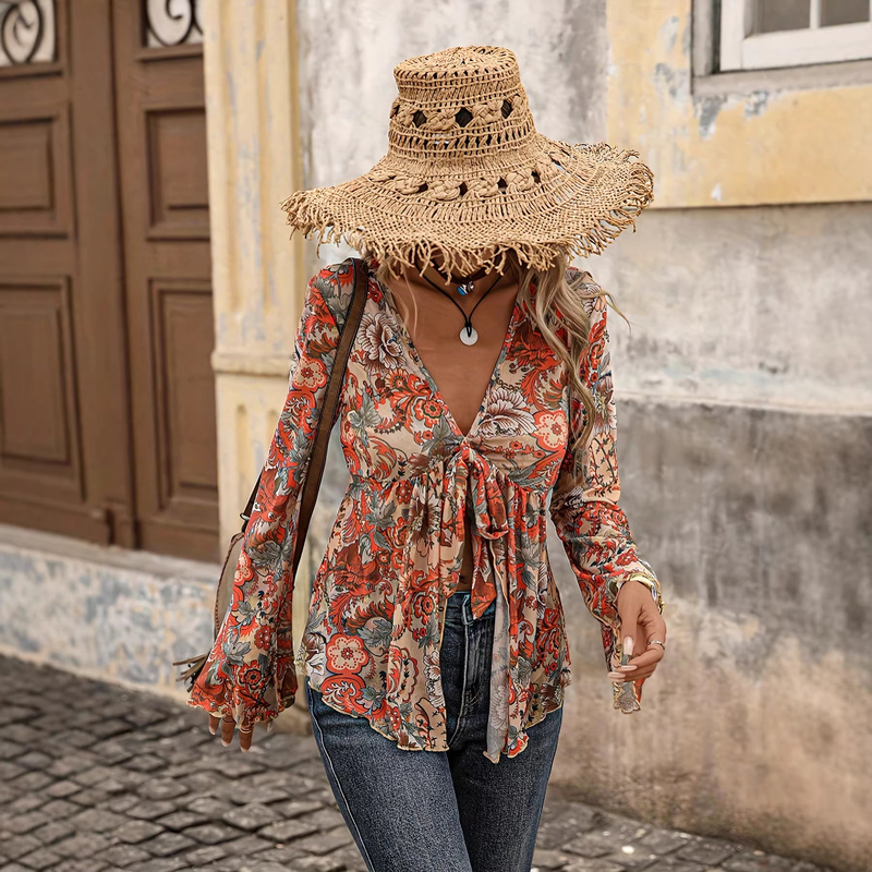 2026 European and American Cross-Border Foreign Trade Women's Paisley Print Mesh Long-Sleeve Tie-Front Asymmetrical Hem Top