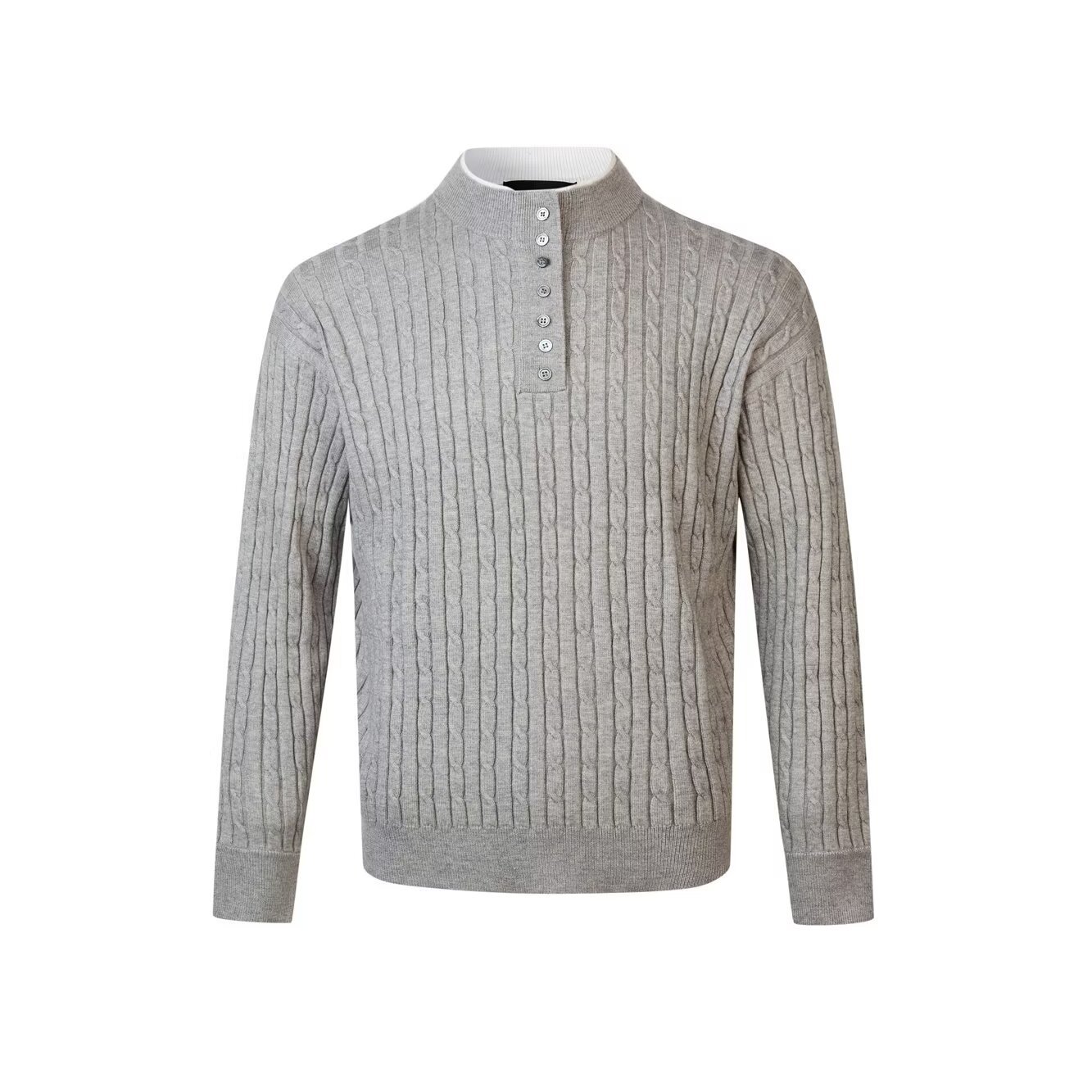 ​​Men's Slim Fit Color Block Henley Sweater – Double Layer Knit Long Sleeve (Black/Grey/Khaki, M-XXL)​​_viptrois.com