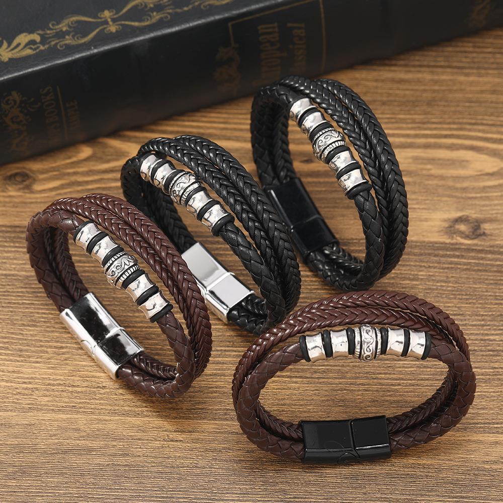 男士编织皮革PU手链 跨境多层编织皮绳钛钢磁扣手镯批发 厂家直供