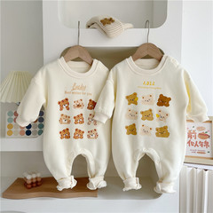 奶油風秋冬加絨潮款男女寶寶哈衣小熊連身衣 0-2歲嬰兒服裝爬爬服