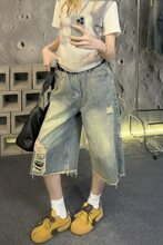 美式复古毛边破洞七分牛仔短裤女新款高腰宽松阔腿显瘦直筒中裤子