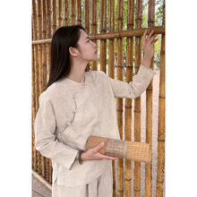夏款麻本色汉麻透气复古感蓬松圆领斜襟轻薄中式小衫衬衫