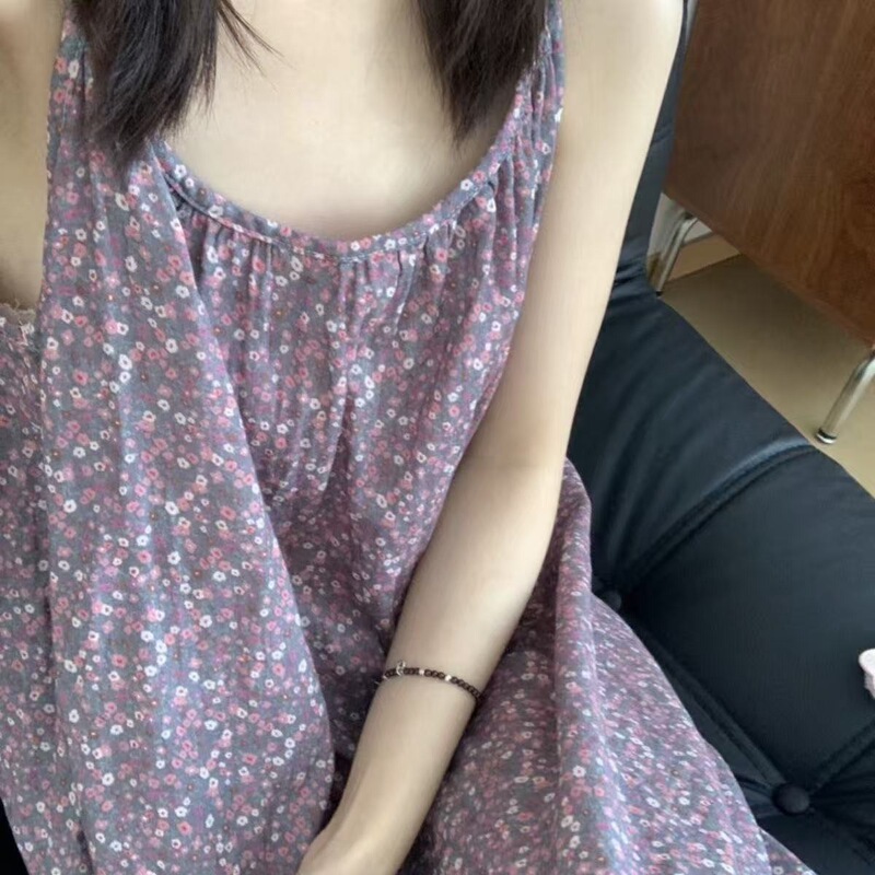 Gentle Atmosphere, Purple Floral Nightgown with Suspenders, New Summer Style, Sweet Plus Size Loose Sleeveless Home Wear Dress