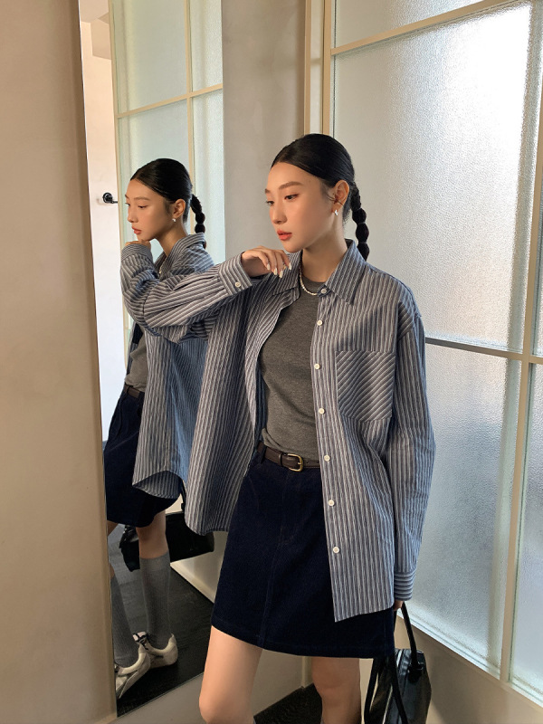 衣尔衫 精致的休闲 条纹宽松口袋中性风衬衫女POLO领韩系慵懒0540|undefined