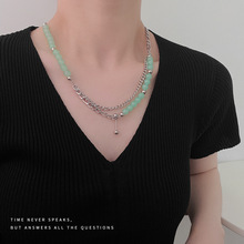 新款潮牌薄荷绿串珠拼接多层项链小众男女同款复古轻奢百搭项饰