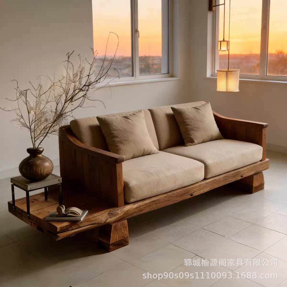 Wabi-sabi style solid wood sofa, straight-line two-seater sofa bed, modern minimalist sofa with integrated side table for living room and study